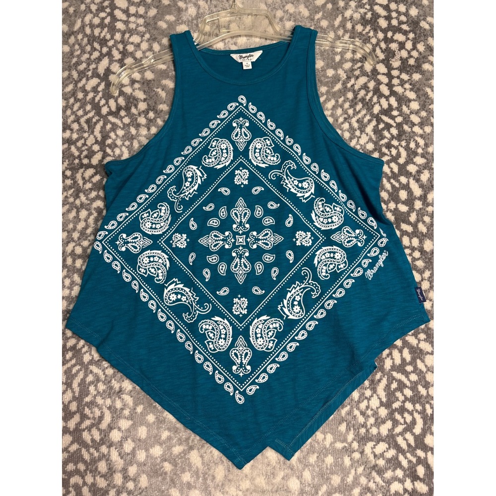 Wrangler Retro Teal Blue Bandana Print Handkerchief Hem Tank Top Medium
